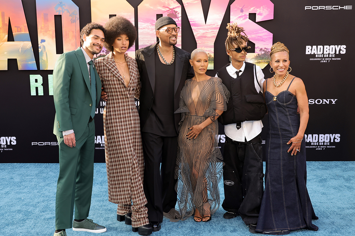 HOLLYWOOD, CALIFORNIA - MAY 30:  (L-R) Trey Smith, Willow Smith, Will Smith, Jada Pinkett Smith, Jaden Smith and Adrienne Banfield-Norris attend the Los Angeles premiere of Columbia Pictures' "Bad Boys: Ride or Die" at the TCL Chinese Theatre on May 30, 2024 in Hollywood, California.  (Photo by Kevin Winter/Getty Images)